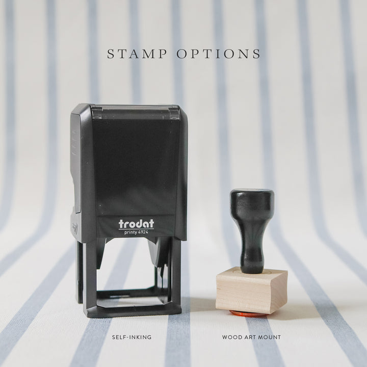 Custom return address stamps are offered in both wood art mounted with handle and self-inking options