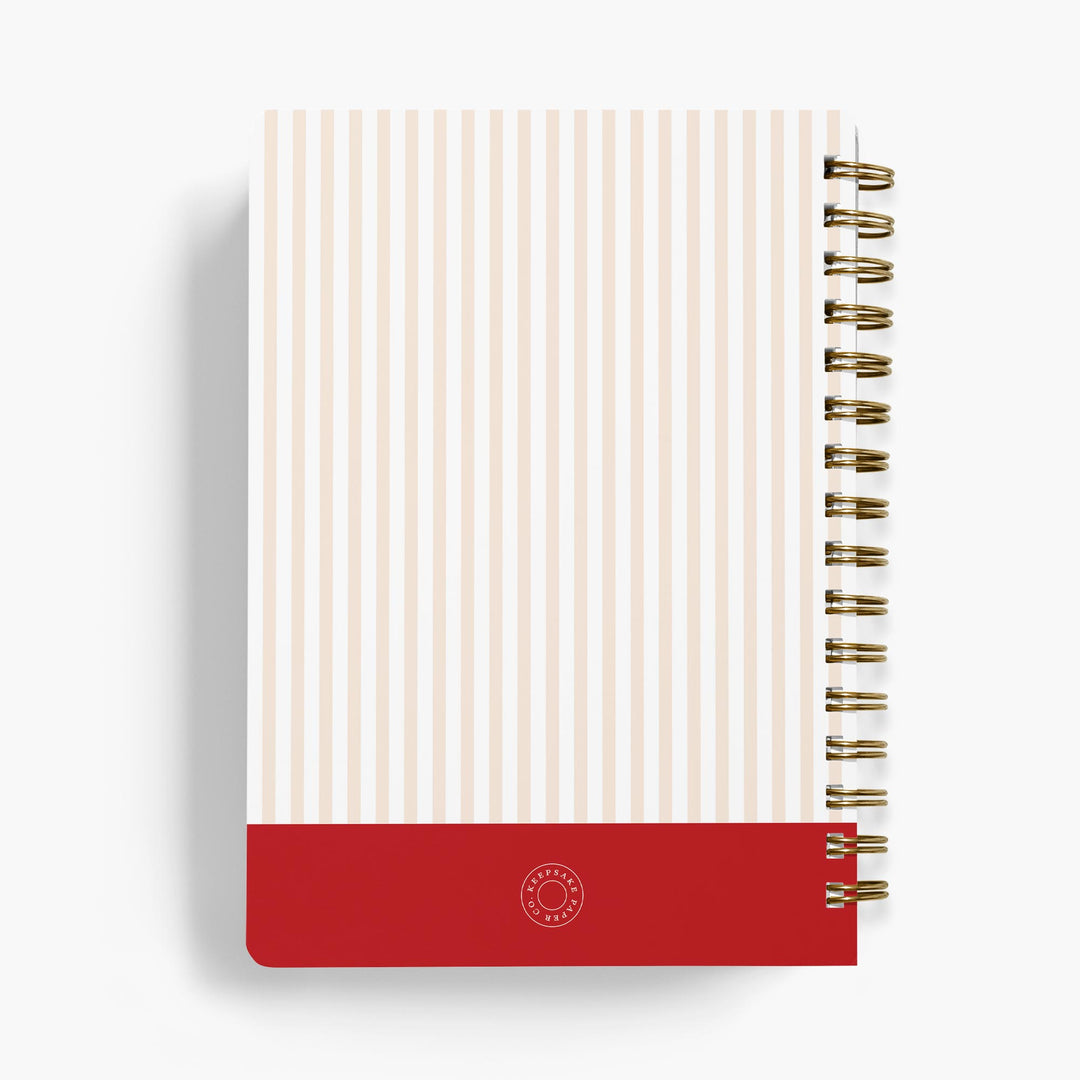 Personalized recipe notebook in a pink and red stripe design on a white background