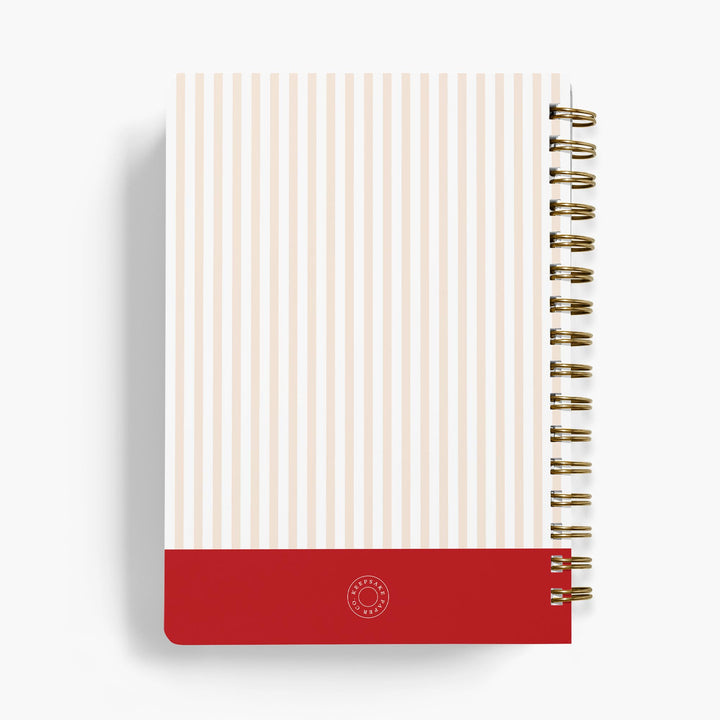 Personalized recipe notebook in a pink and red stripe design on a white background