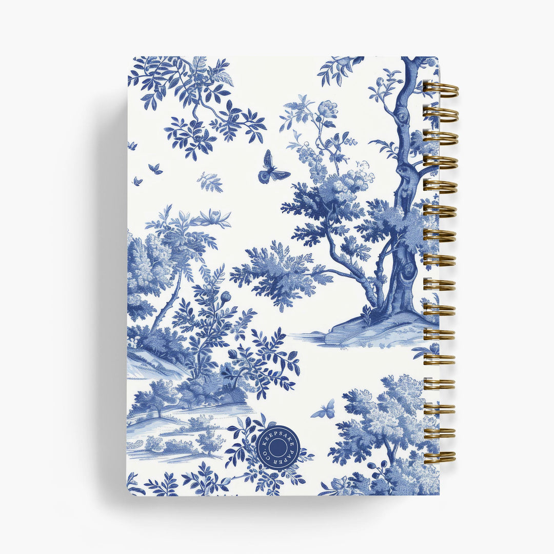 Personalized recipe notebook with a blue and white French inspired toile design with gold wire