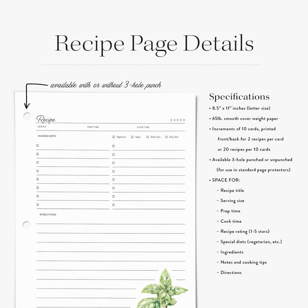 Recipe binder refill page with savory herb design and specifications on a white background