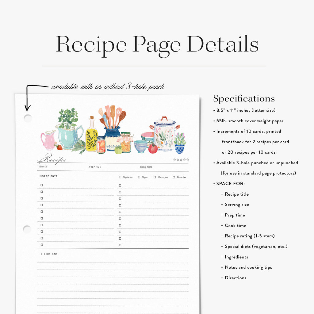 Recipe card pages with illustrations of kitchen items and specifications on a white background
