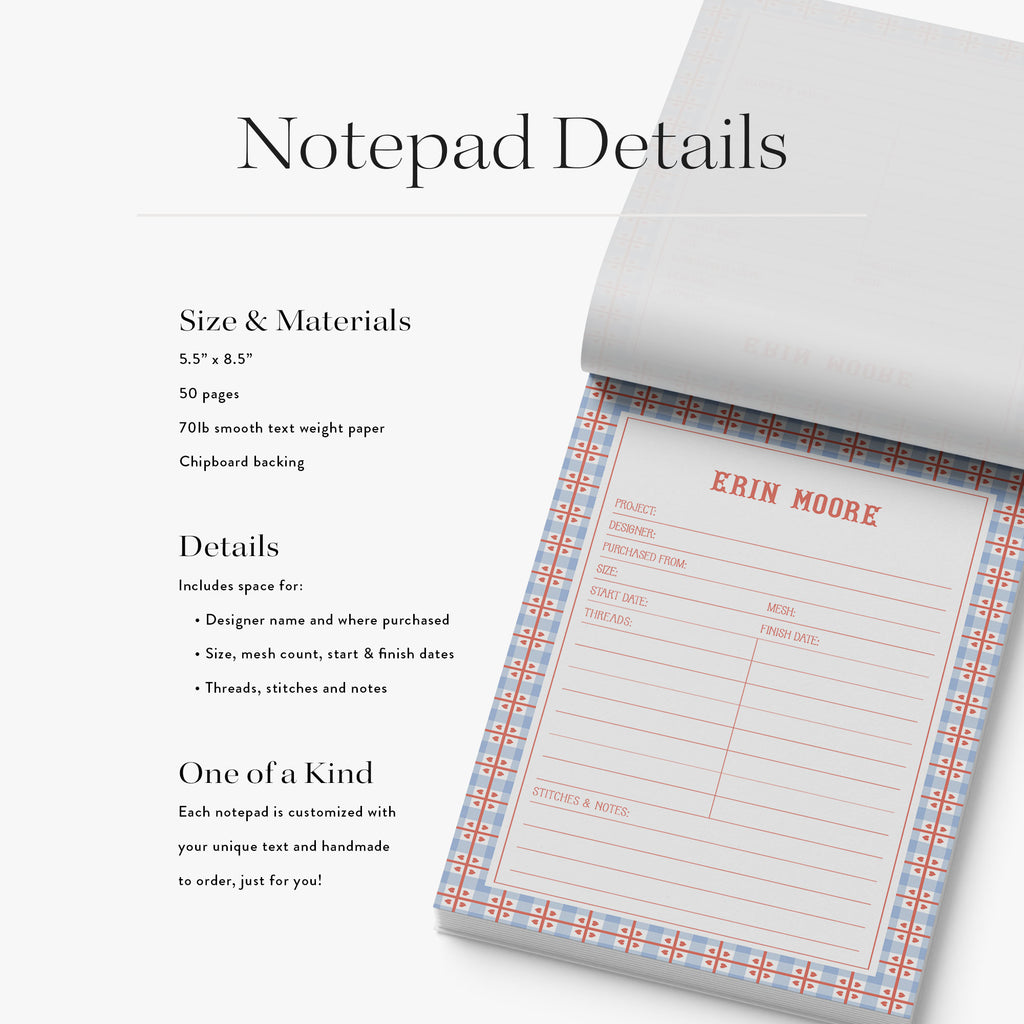 Needlepoint notepad with customizable details and product specifications on a white background