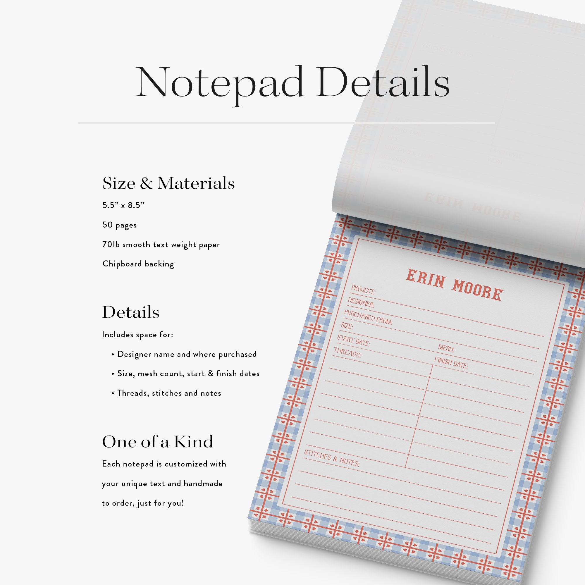 Needlepoint notepad with customizable details and product specifications on a white background