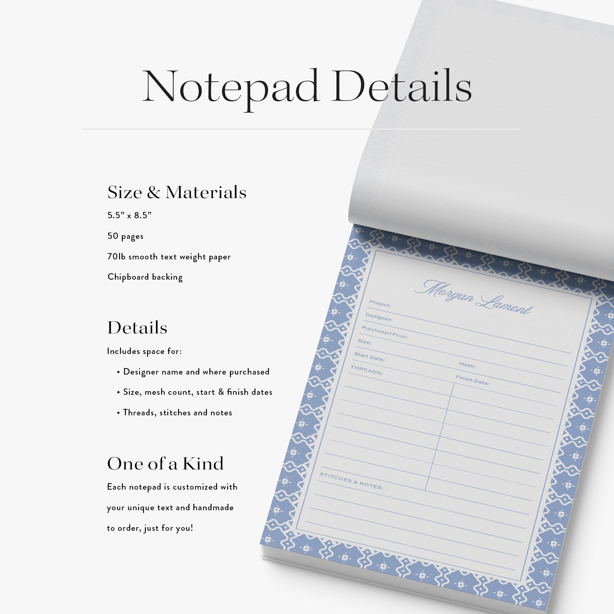 Personalized needlepoint notepad with detailed specification information on a white background