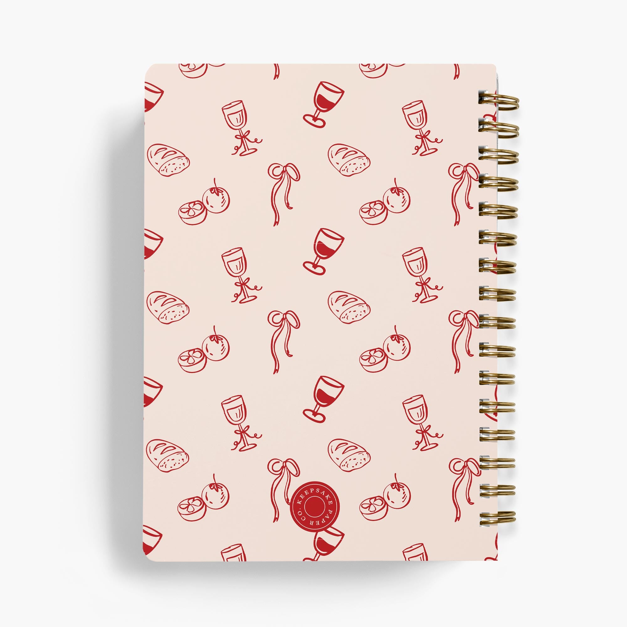 Personalized recipe notebook in a pink and red doodle pattern with bread, wine, bows and tomatoes 