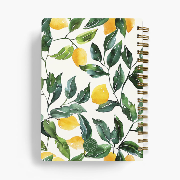 Personalized recipe notebook with lemon and leaf pattern bound with gold wire