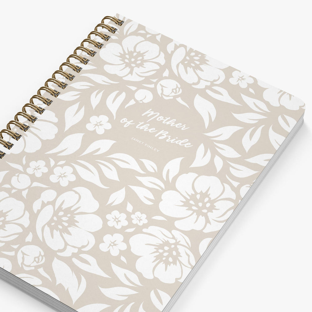 Mother of the Bride Planner — Beige Blooms design, angled view showing cover and spine