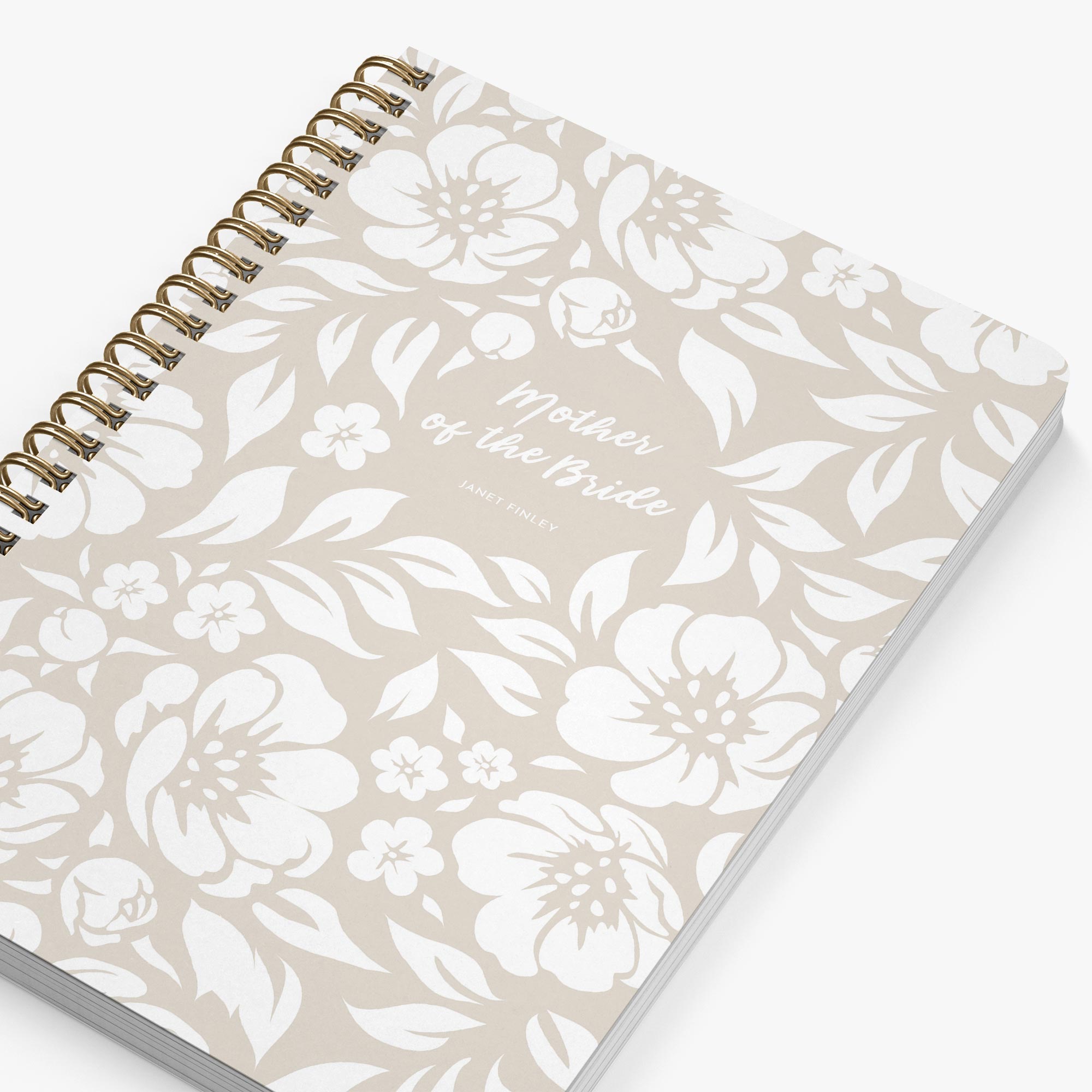 Mother of the Bride Planner — Beige Blooms design, angled view showing cover and spine