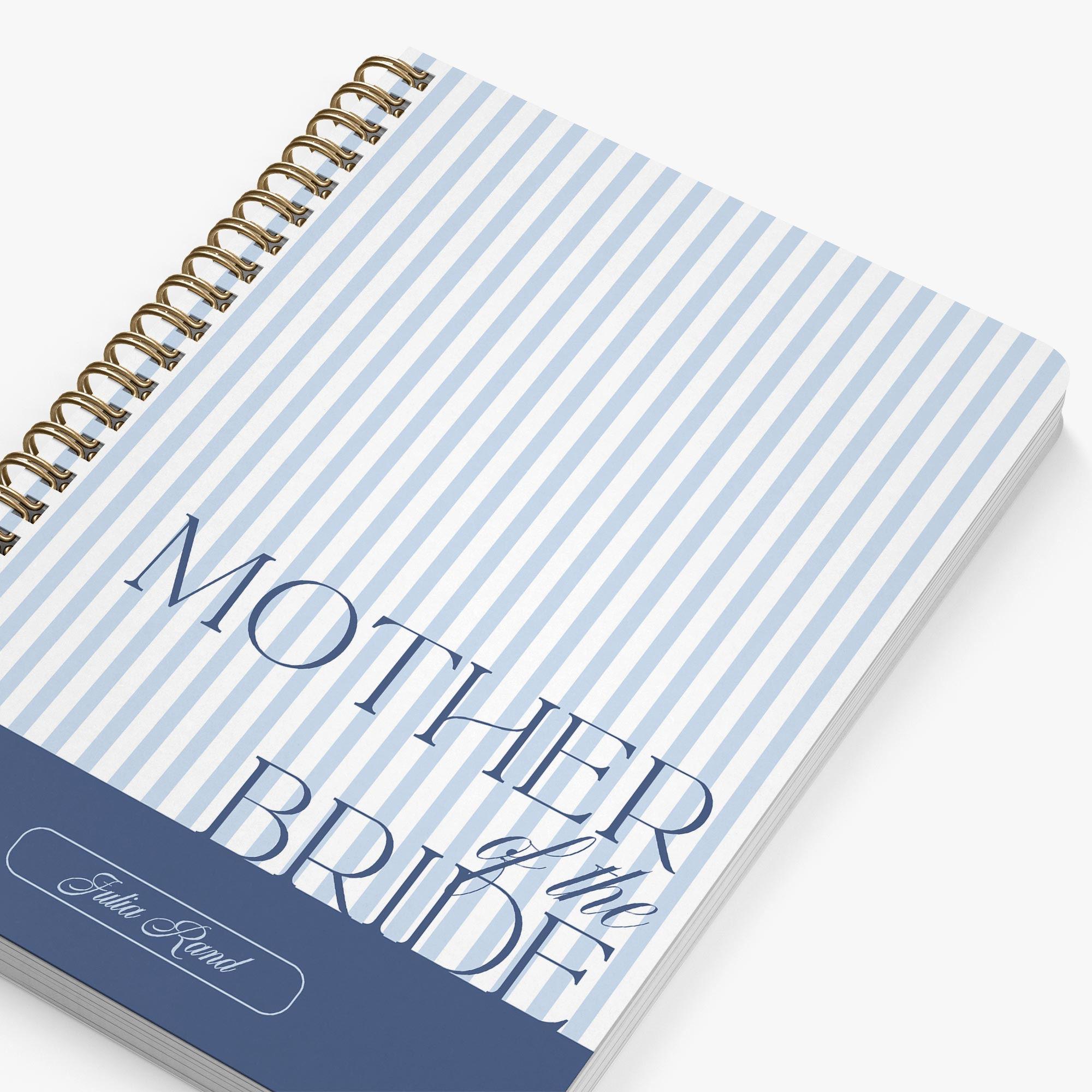 Mother of the Bride Planner — Classic Stripe design, angled view showing cover and spine