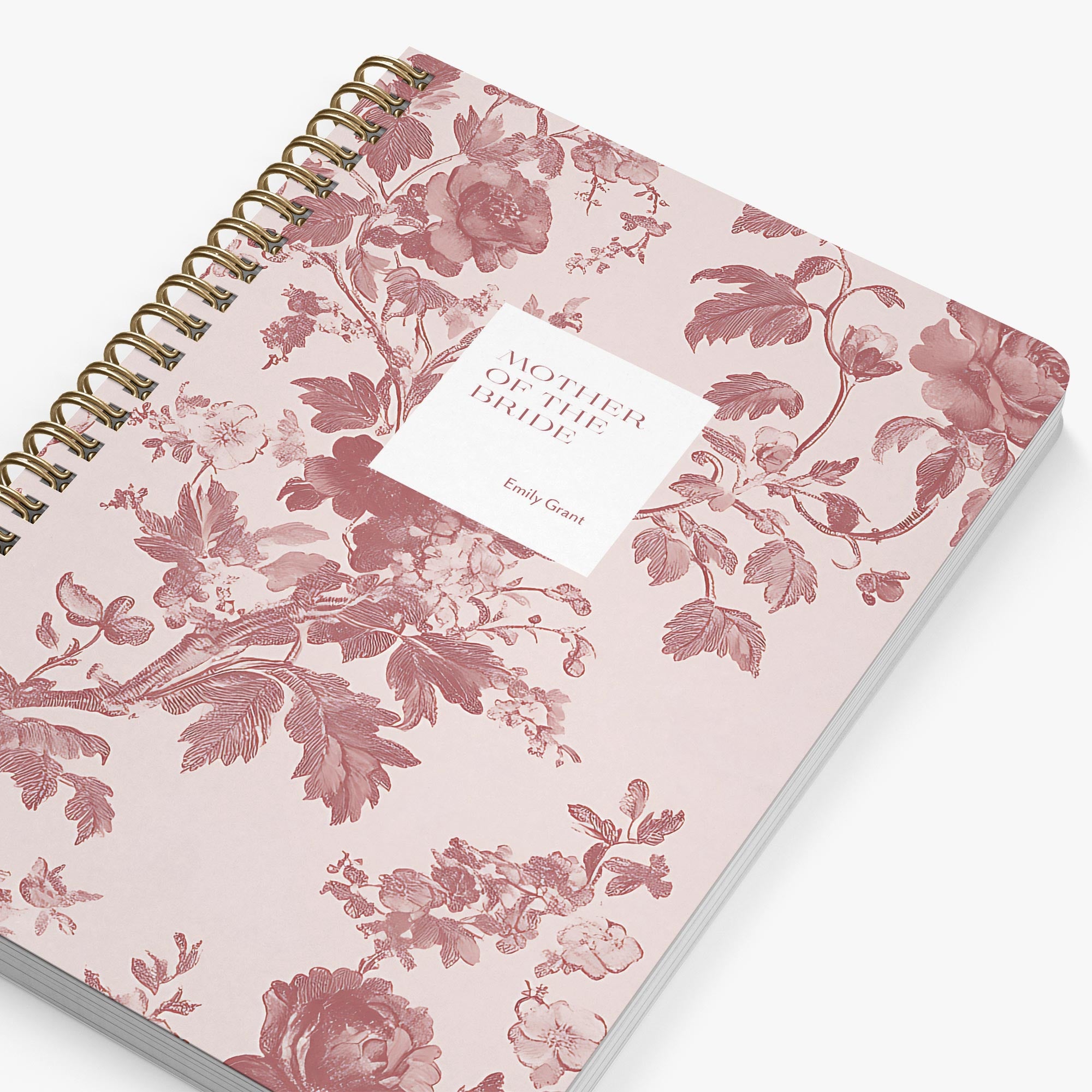 Mother of the Bride Planner — Blush Toile design, angled view showing cover and spine