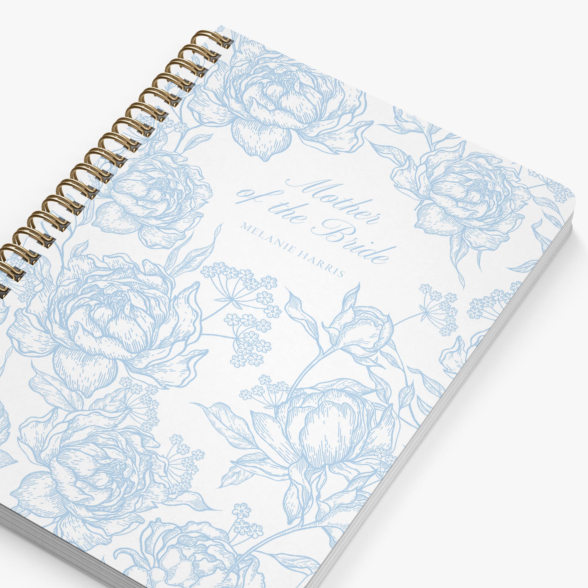 Mother of the Bride Planner — Peony Toile design, angled view showing cover and spine