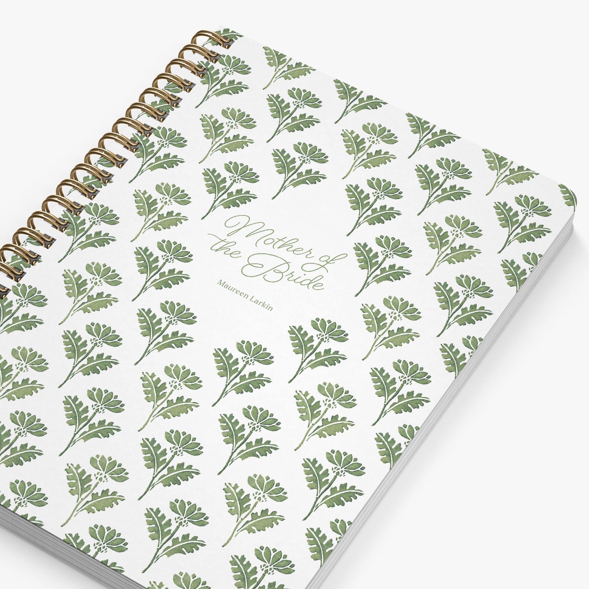 Mother of the Bride Planner — Fresh Foilage design, angled view showing cover and spine