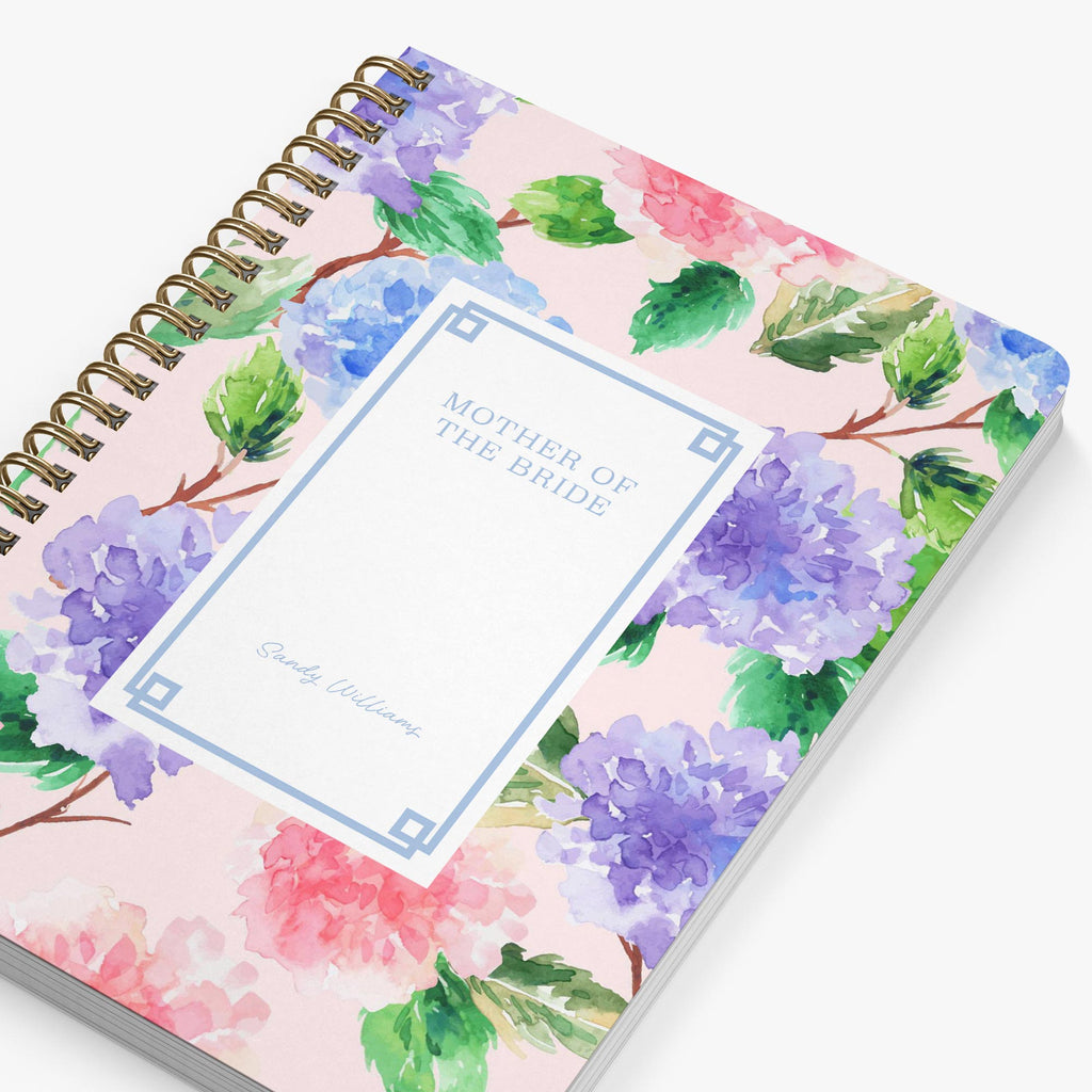 Mother of the Bride Planner — Chatham Hydrangea design, angled view showing cover and spine
