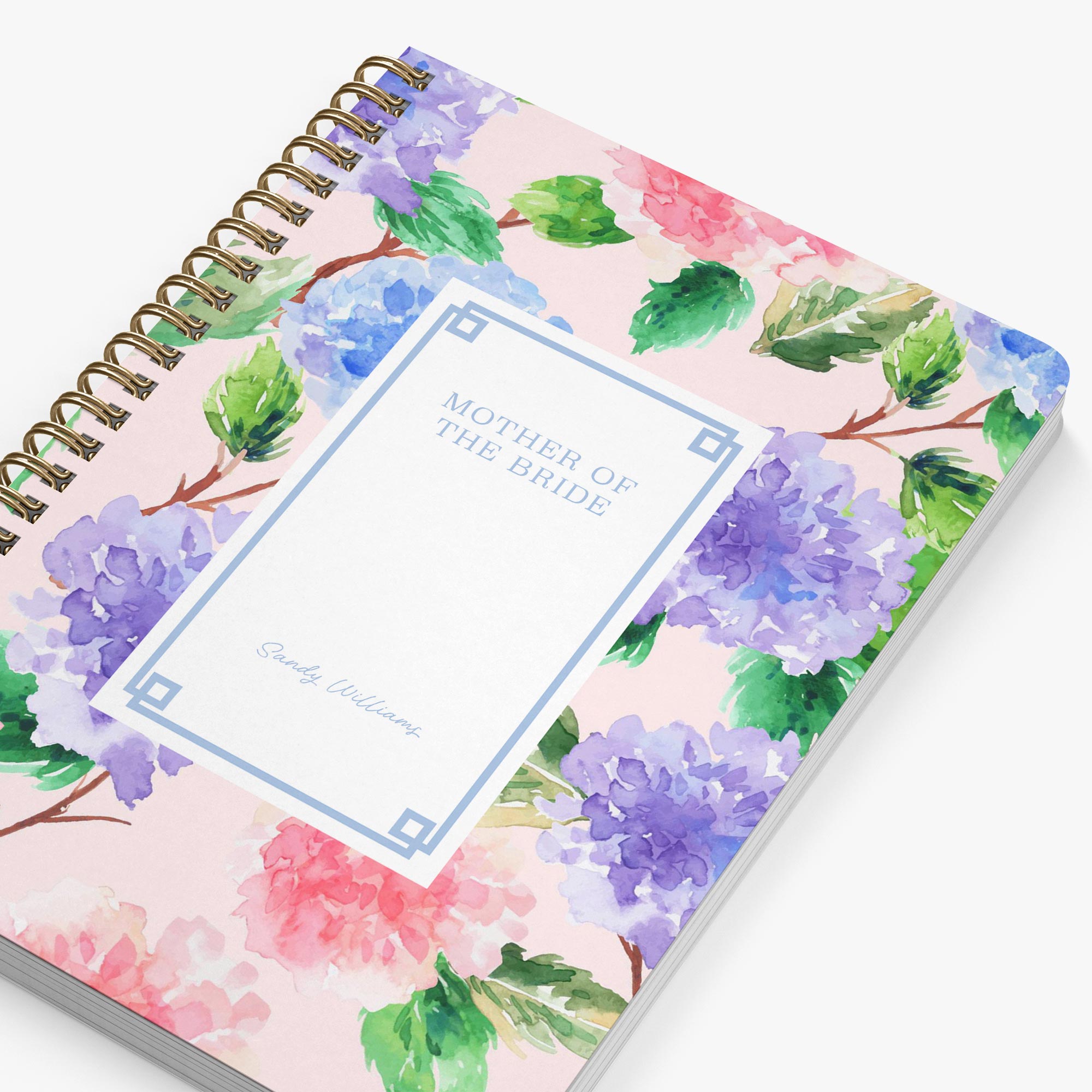 Mother of the Bride Planner — Chatham Hydrangea design, angled view showing cover and spine