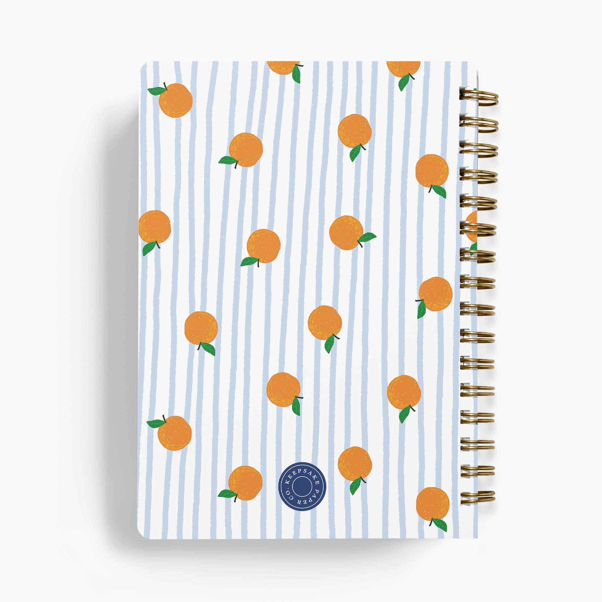 Personalized recipe journal in a blue and white stripe pattern with cute oranges bound in gold wire.