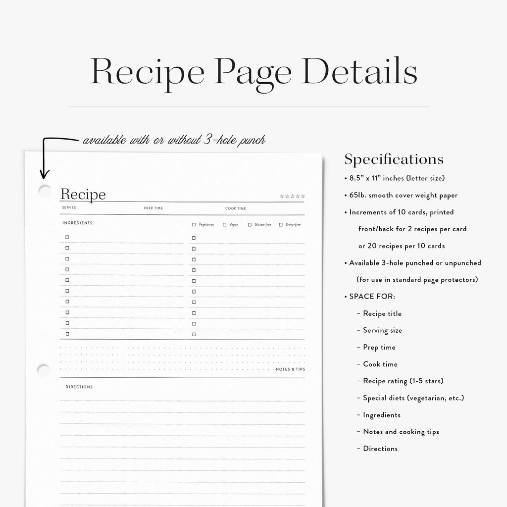Recipe binder refill page with specifications on a white background