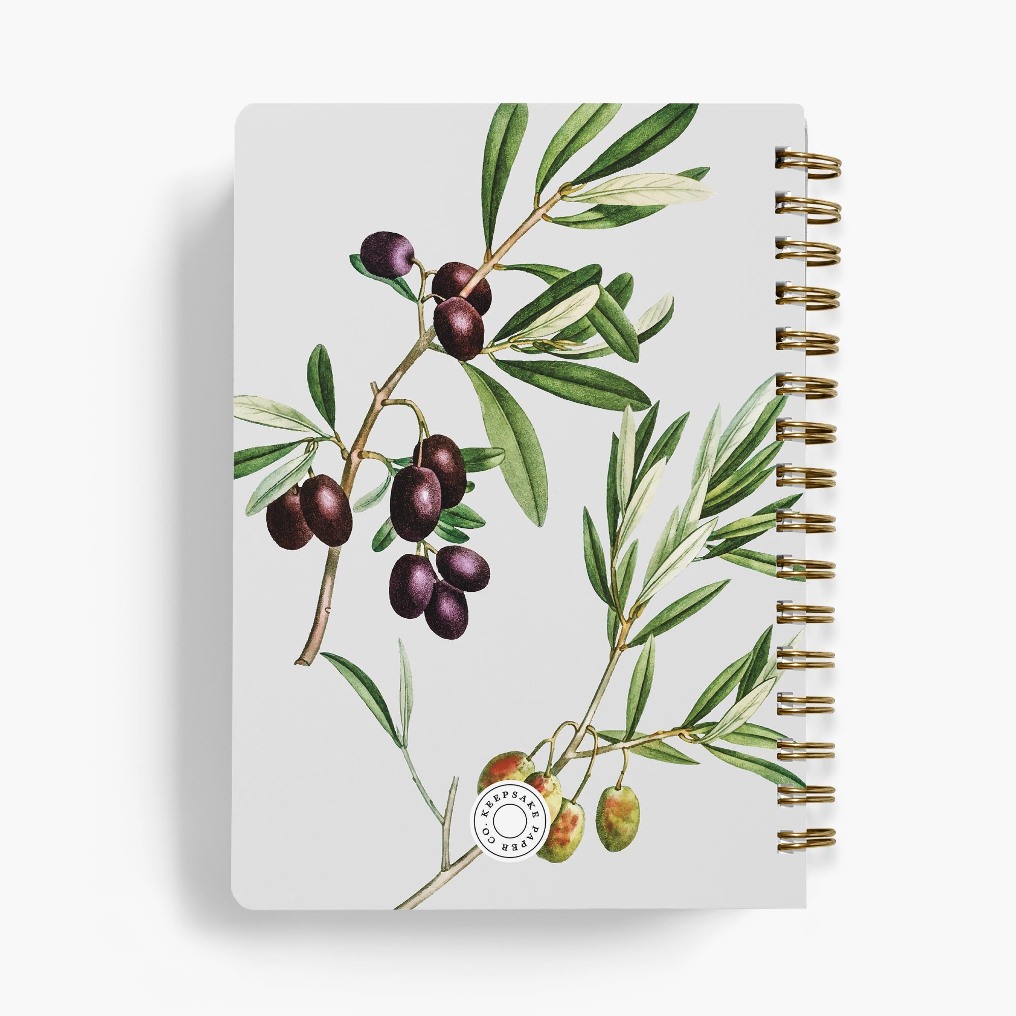 Personalized recipe notebook with olive branch design on a white background