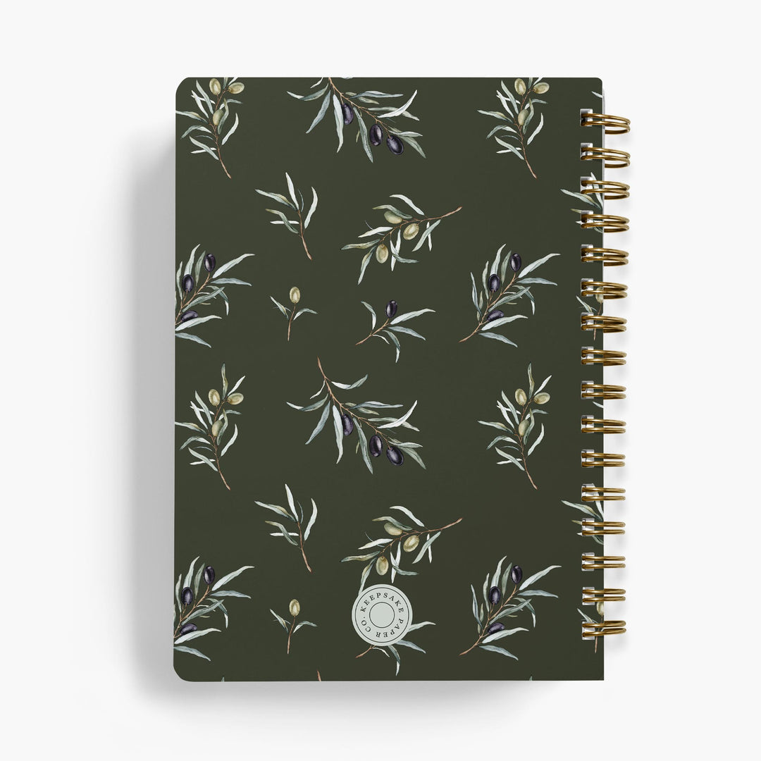 Notebook with olive leaf pattern on a dark green background