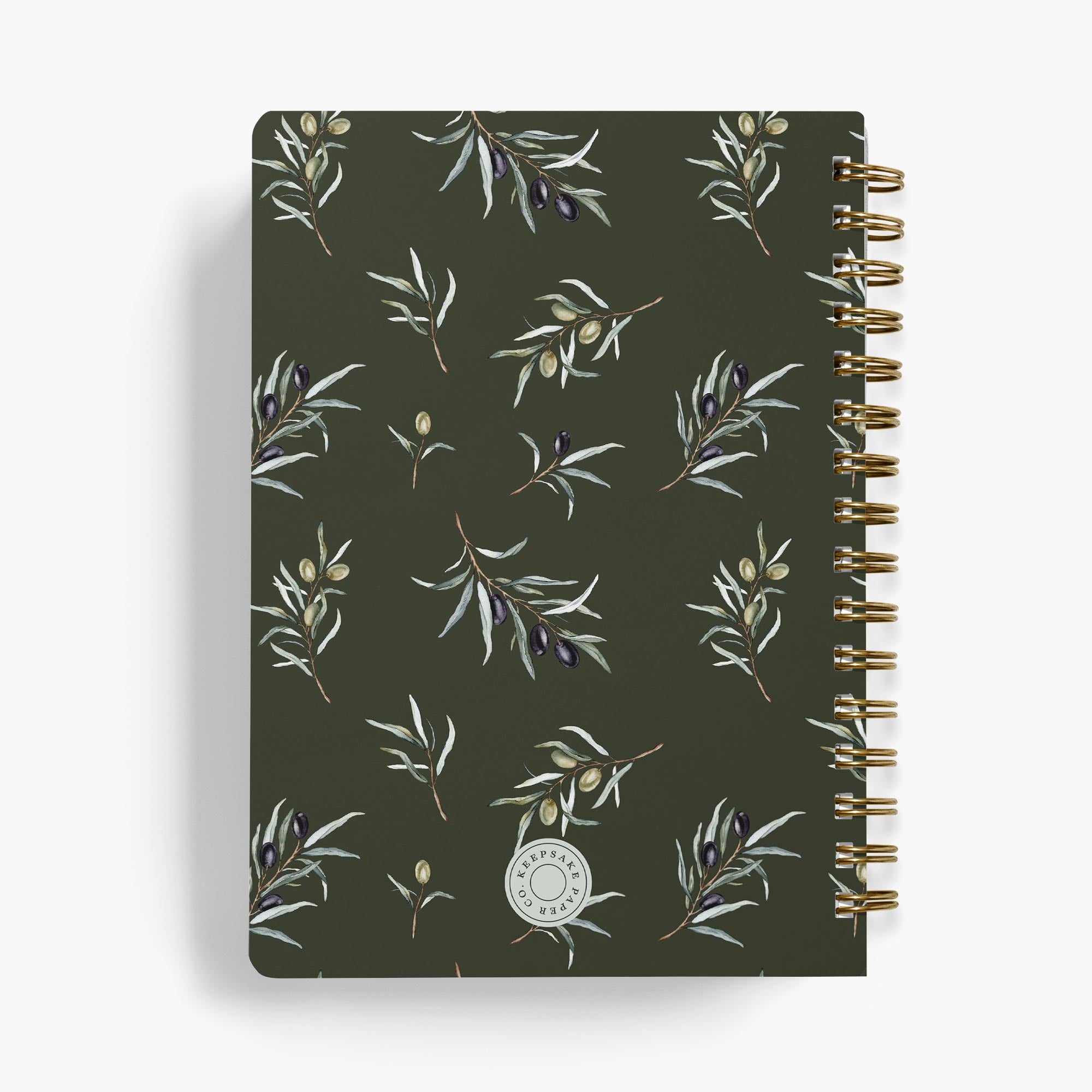 Notebook with olive leaf pattern on a dark green background
