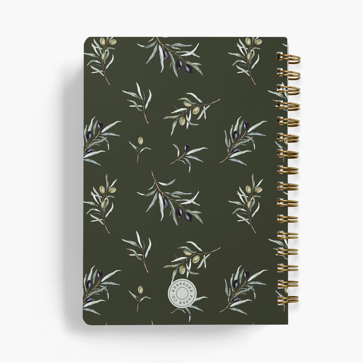 Notebook with olive leaf pattern on a dark green background