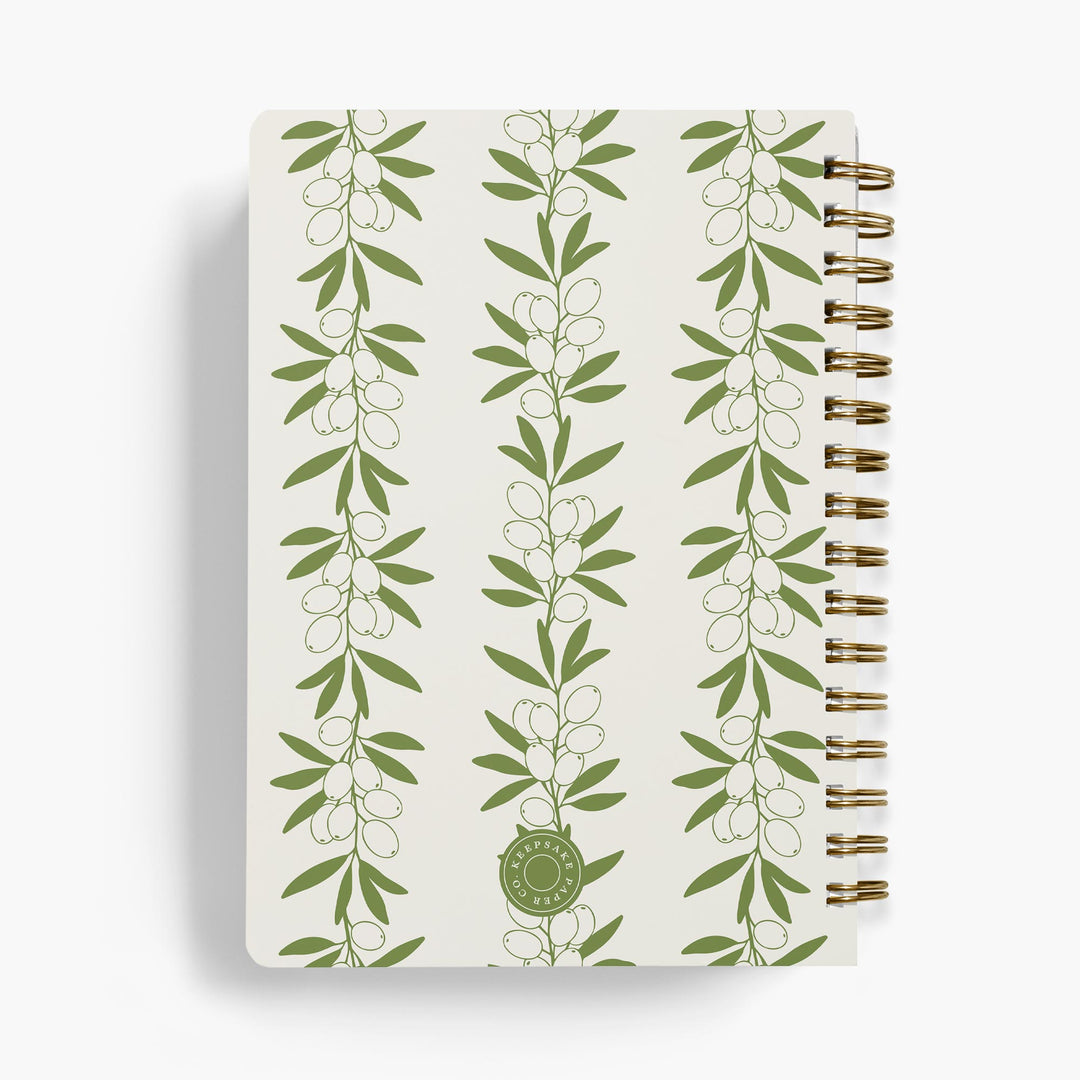 Personalized recipe notebook with green olive leaf pattern on a white background