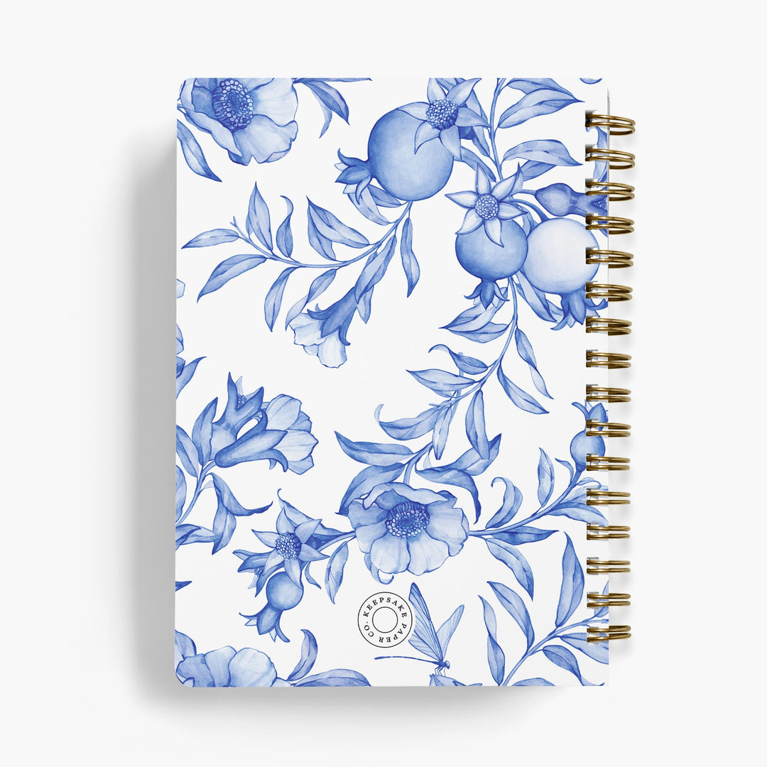 Personalized recipe notebook with blue and white floral and pomegranate pattern