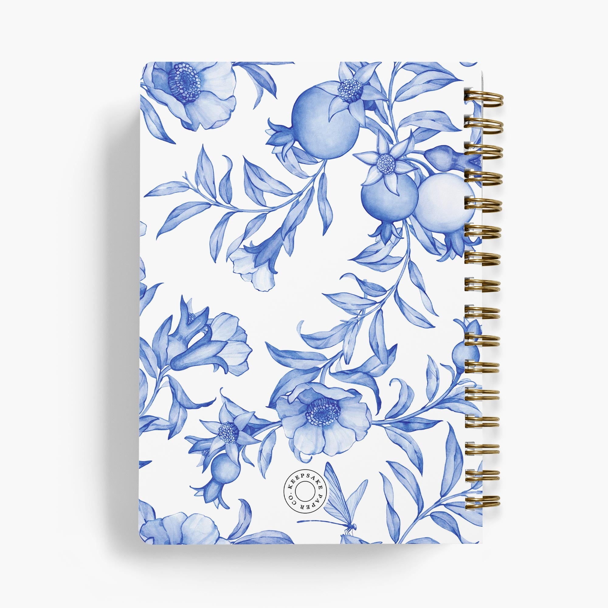 Personalized recipe notebook with blue and white floral and pomegranate pattern