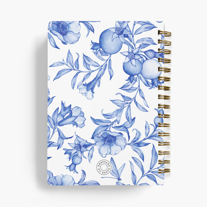 Personalized recipe notebook with blue and white floral and pomegranate pattern
