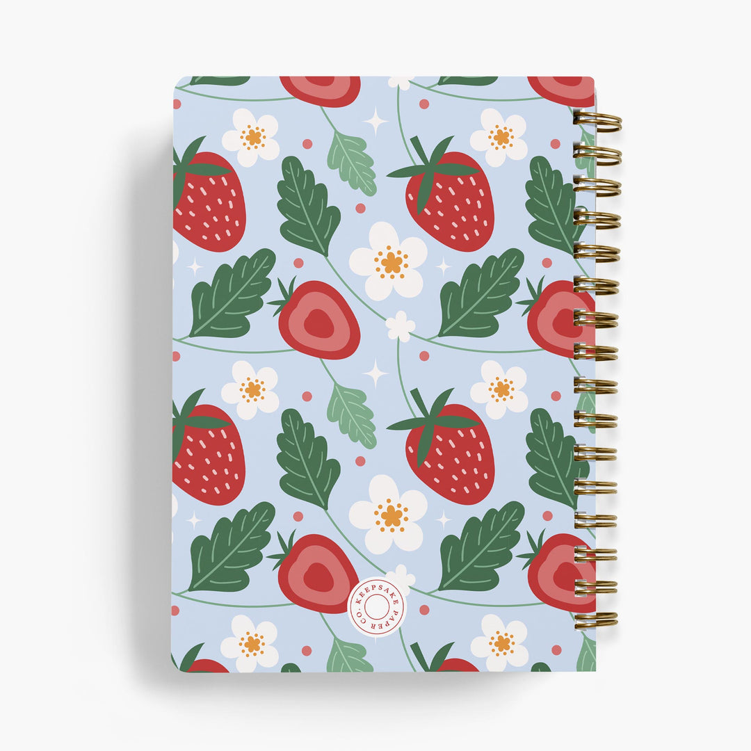 Personalized recipe notebook with strawberry pattern on a light blue background