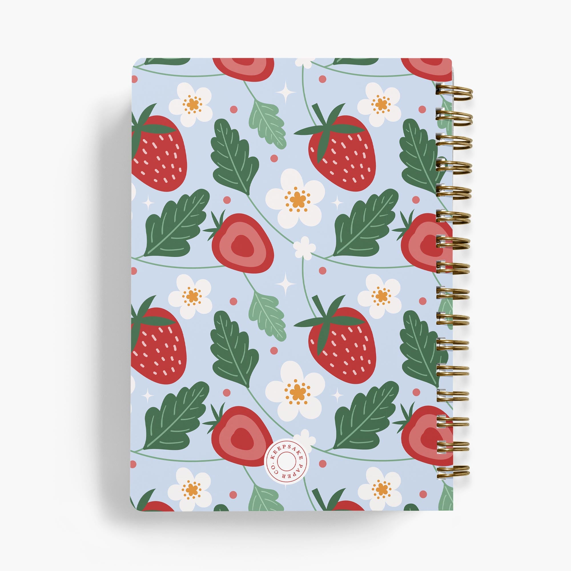 Personalized recipe notebook with strawberry pattern on a light blue background