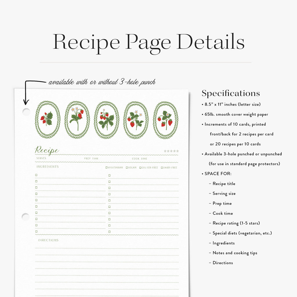 Recipe binder page refill design with strawberry decorative elements on a white background