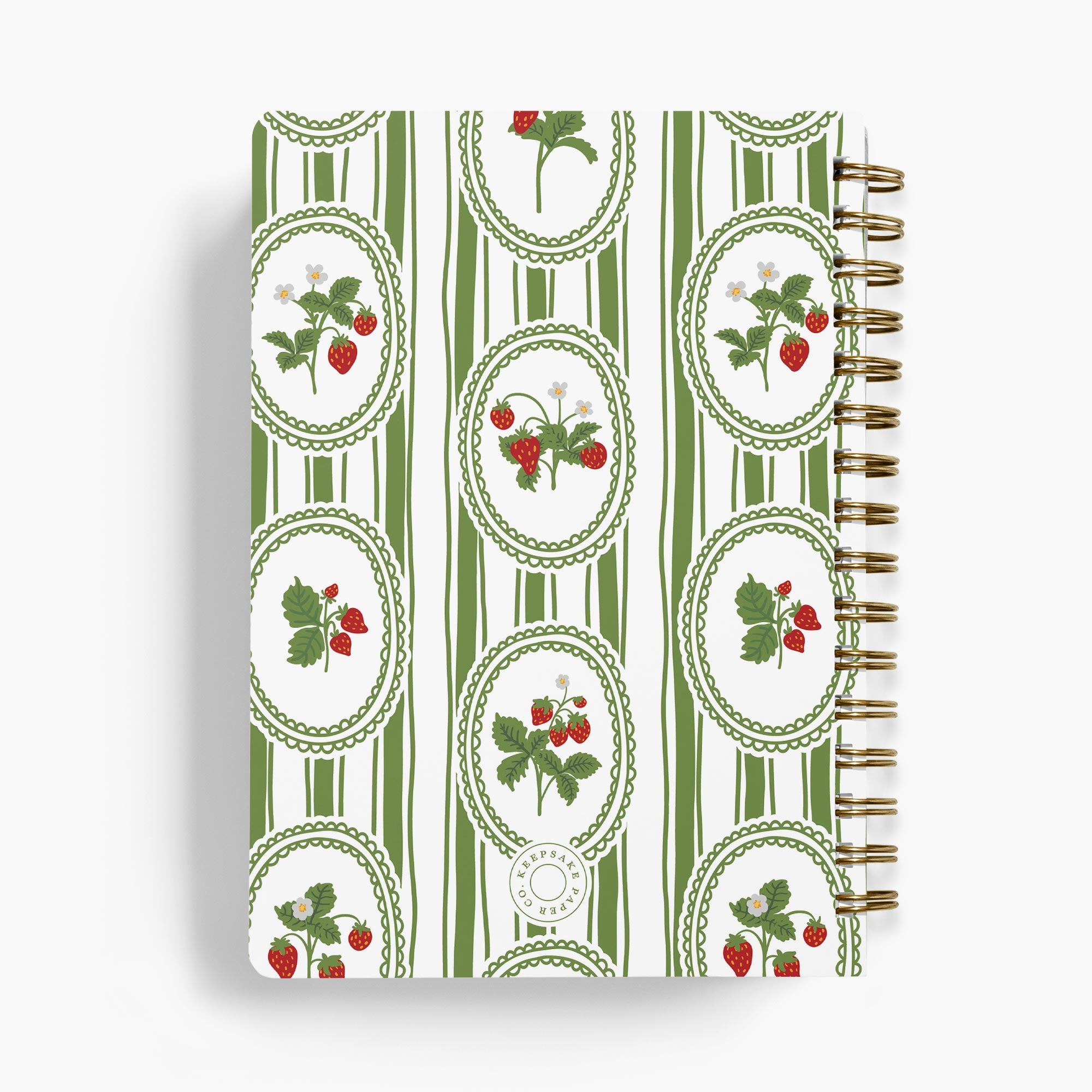 Custom cookbook with strawberry pattern on a white background