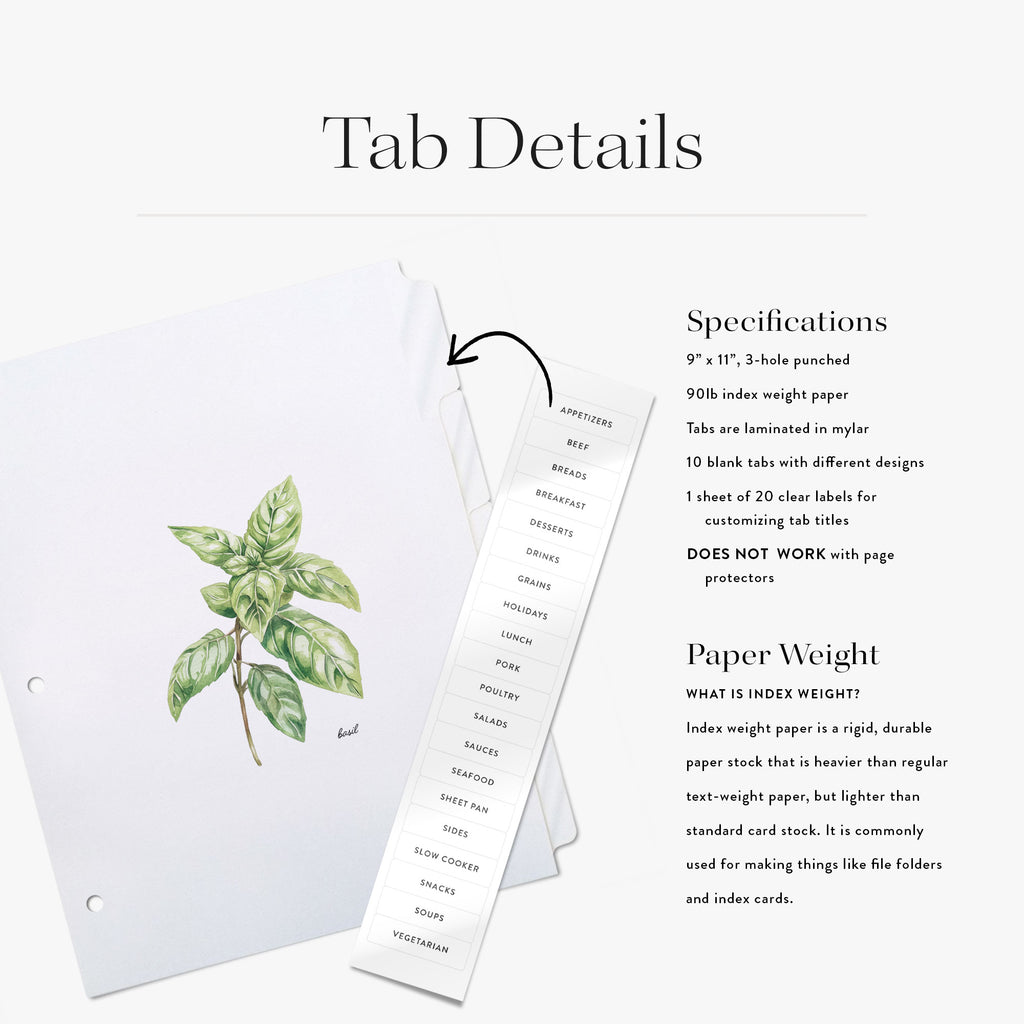 Set of tab dividers with herbs along with specifications on a white background
