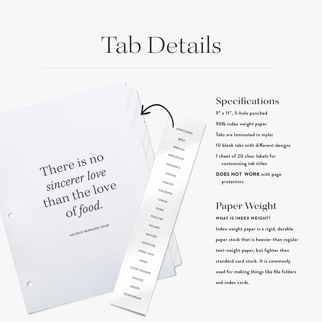 Divider tabs with cooking quotes shown along with text and specifications on a white background