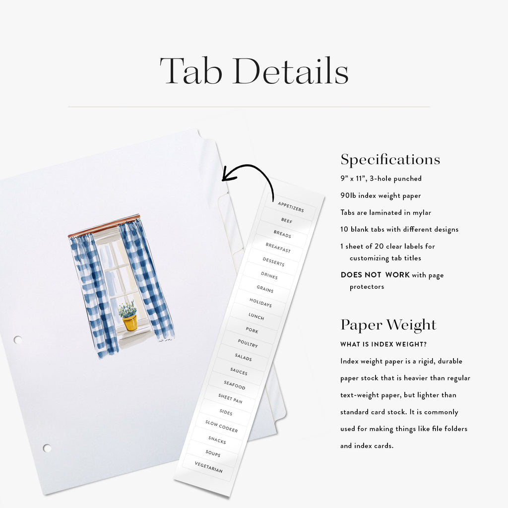 Recipe tab detail text with specifications for a set of 10 custom tabs with 20 clear labels for personalizing on a white background