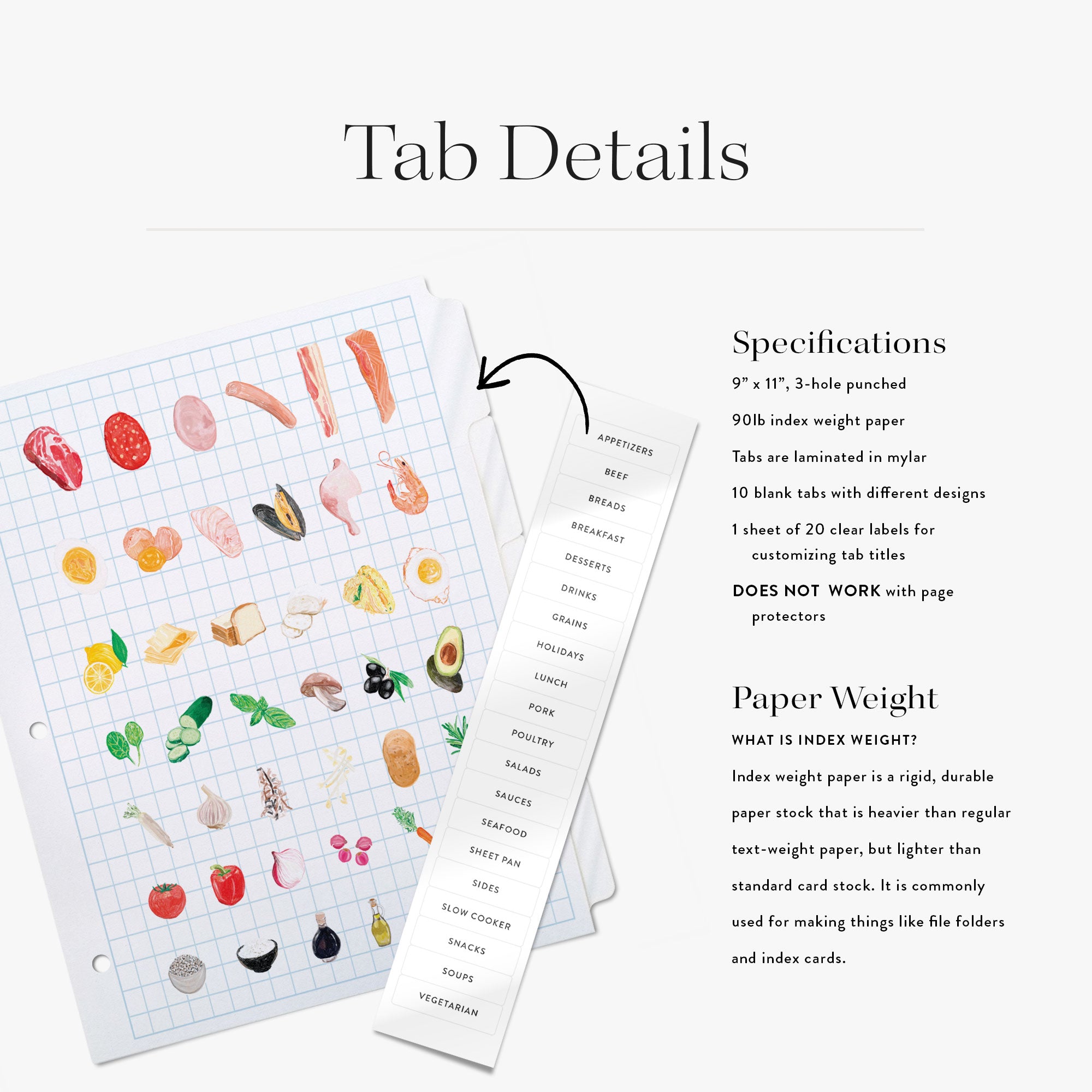 Sheet of colorful food-themed tabs with specifications on a white background