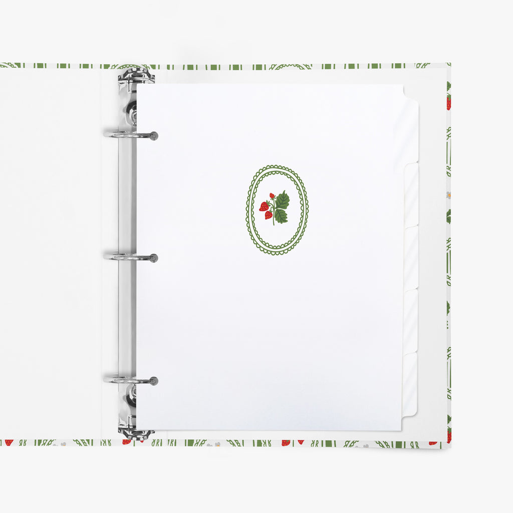 Custom recipe binder divider tabs with a strawberry illustration inside a matching binder on a white background