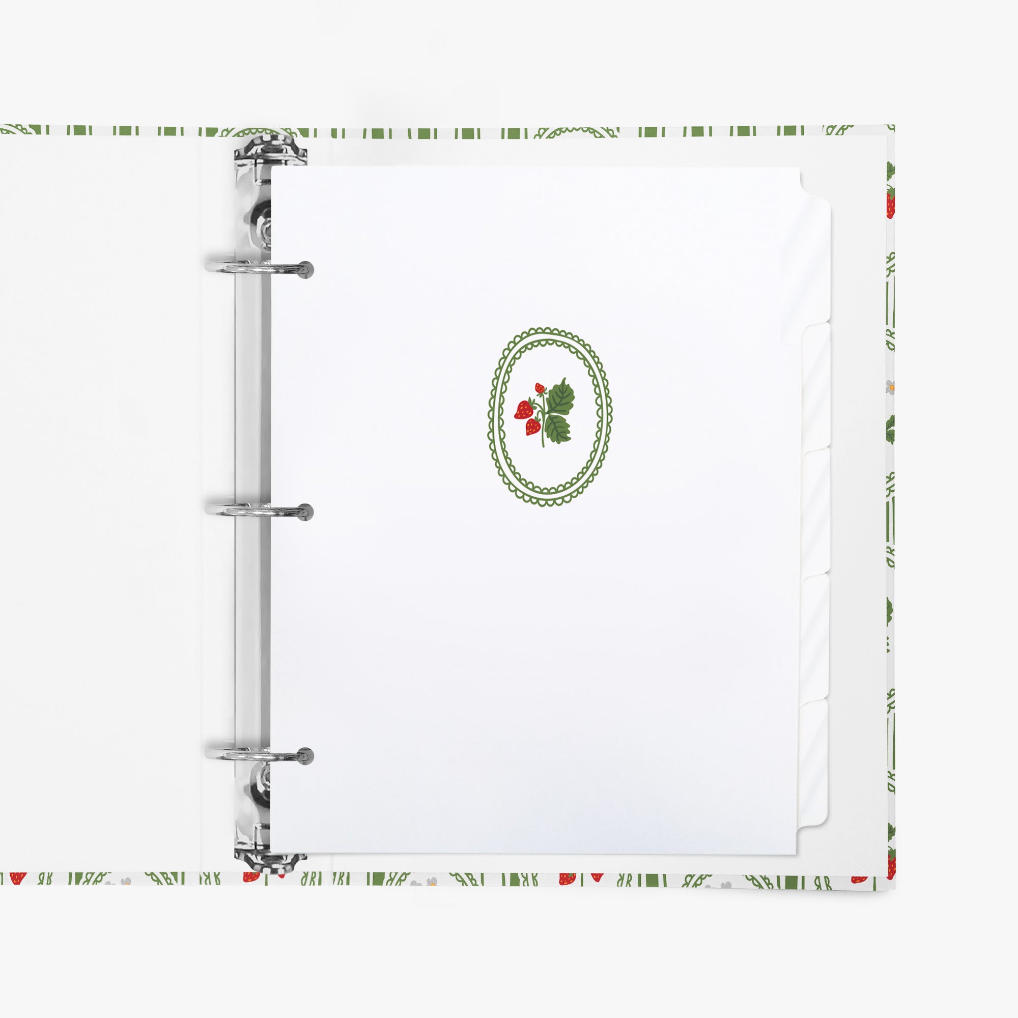 Custom recipe binder divider tabs with a strawberry illustration inside a matching binder on a white background