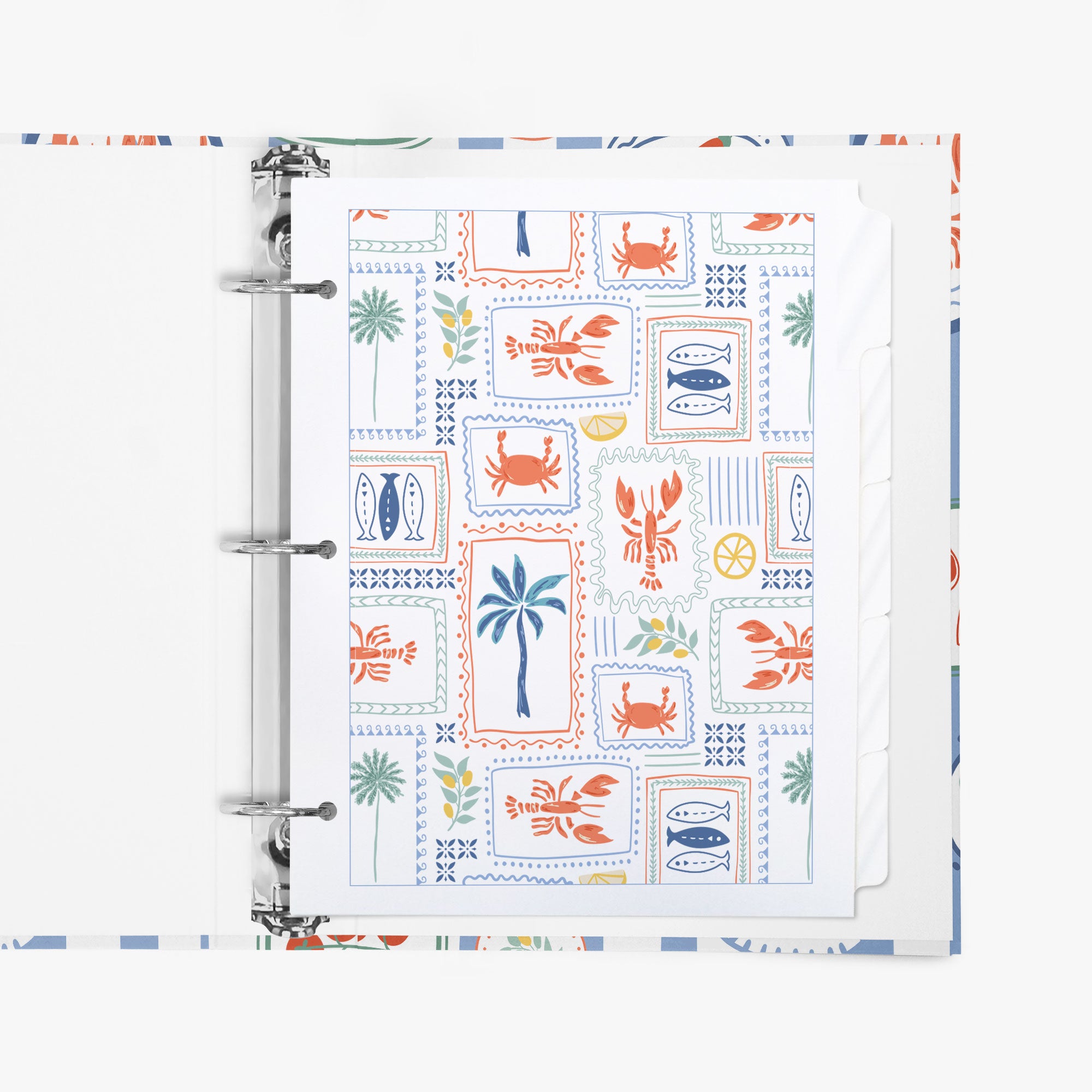 Custom binder tabs with an Italian seaside pattern inside a 3-ring binder on a white background