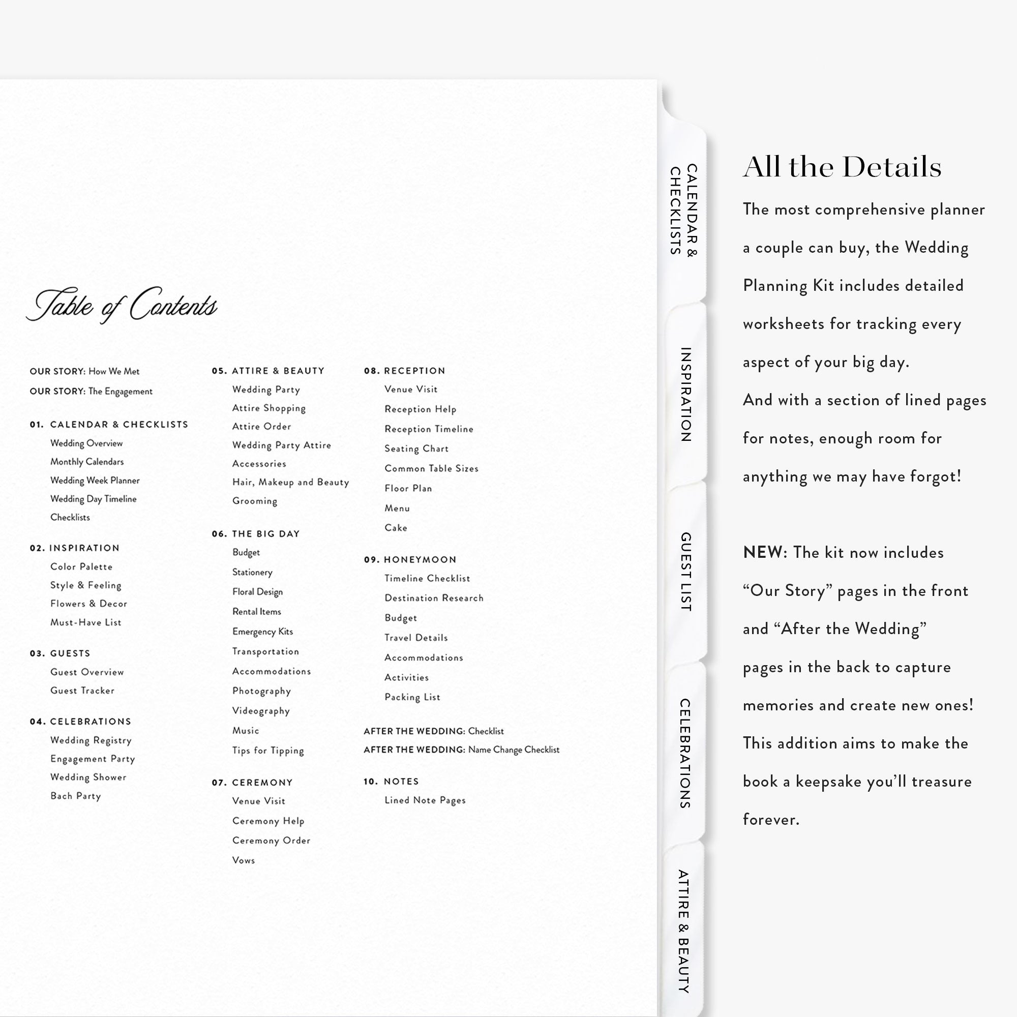 Table of contents and promotional text for a wedding planning book on a white background