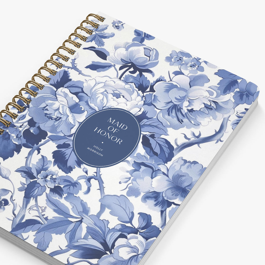 Maid of Honor Planner — Blue Toile design, angled view showing cover and spine