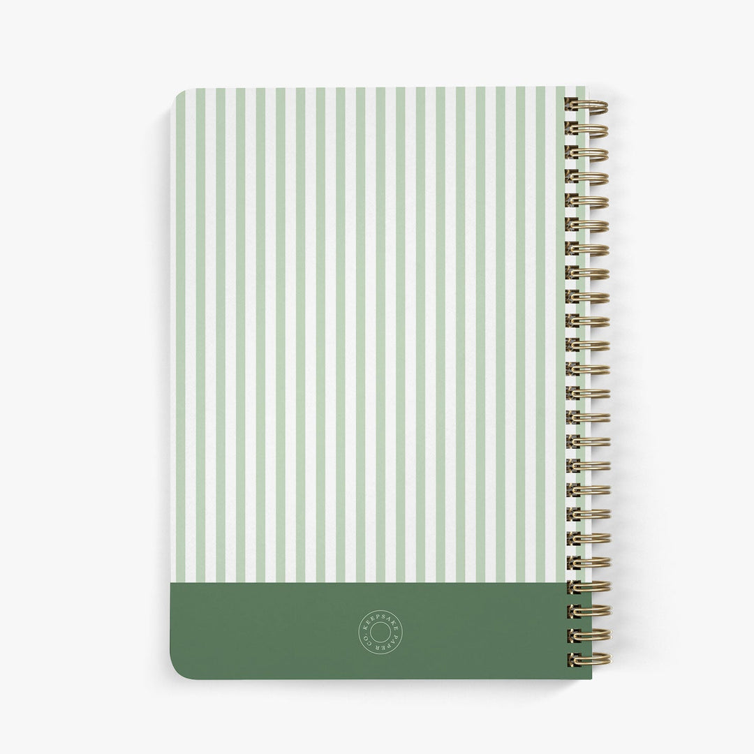Back view of personalized password notebook with a green and white stripe pattern