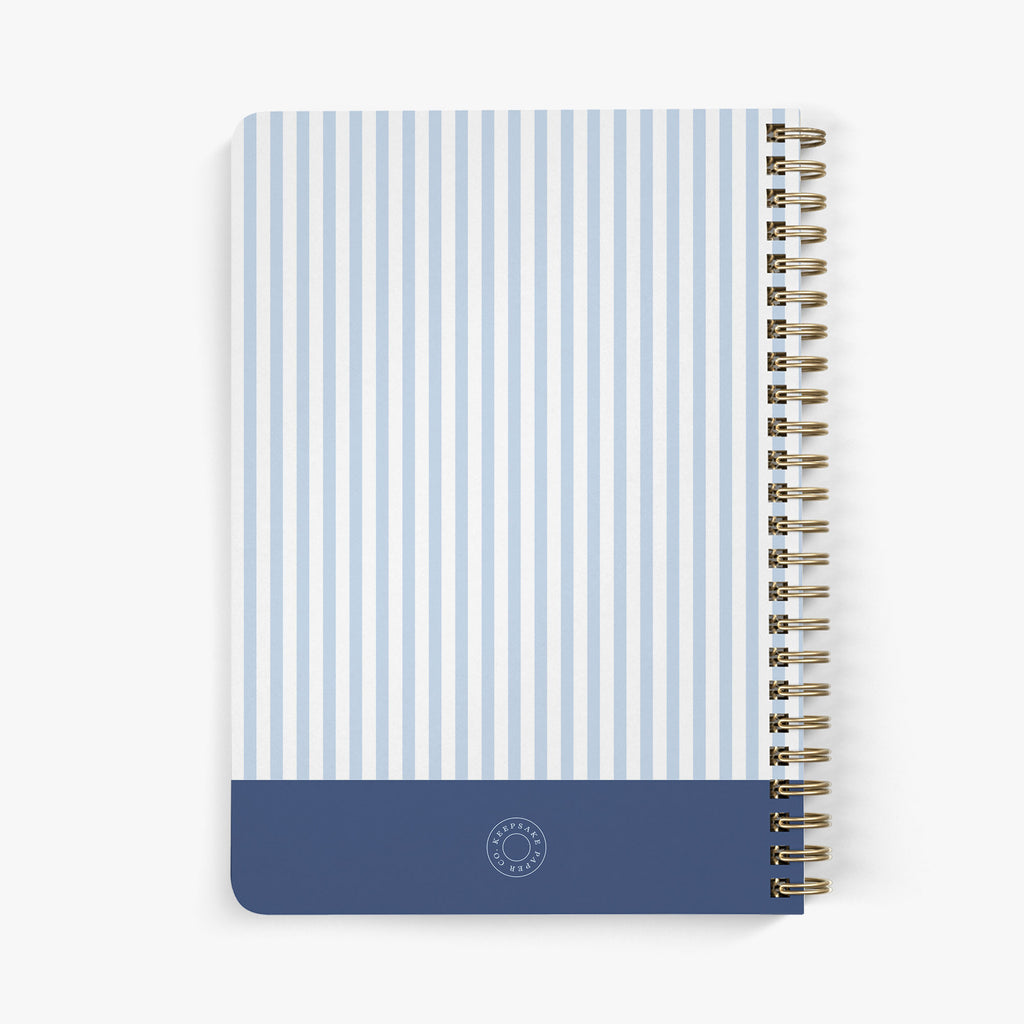 Back view of personalized password notebook with a blue and white stripe pattern
