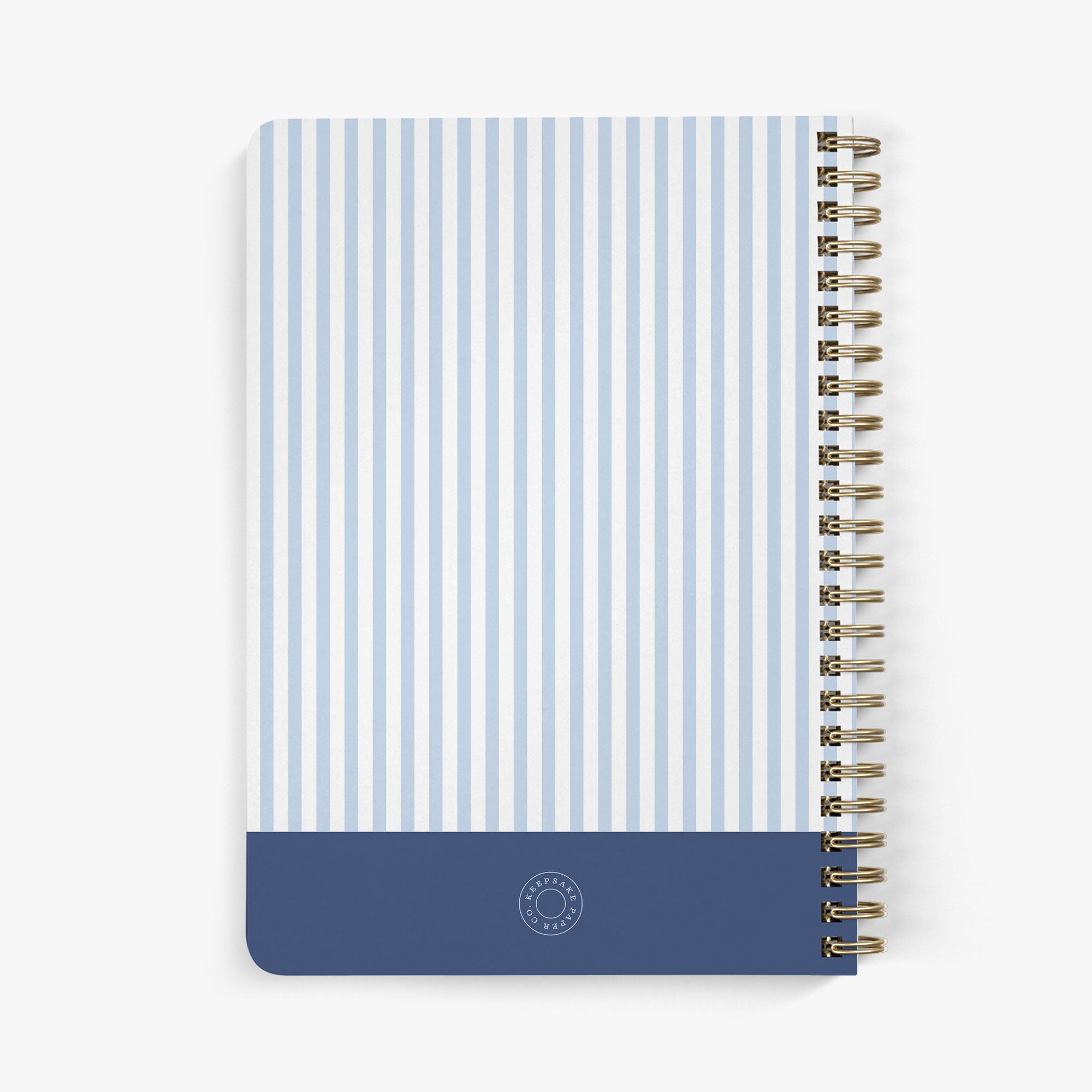 Back view of personalized password notebook with a blue and white stripe pattern