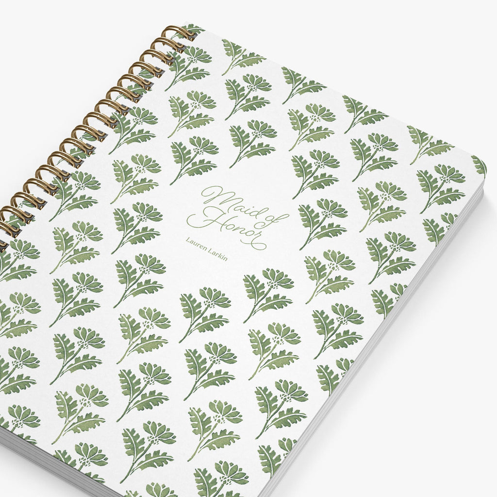 Maid of Honor Planner — Fresh Foliage design, angled view showing cover and spine