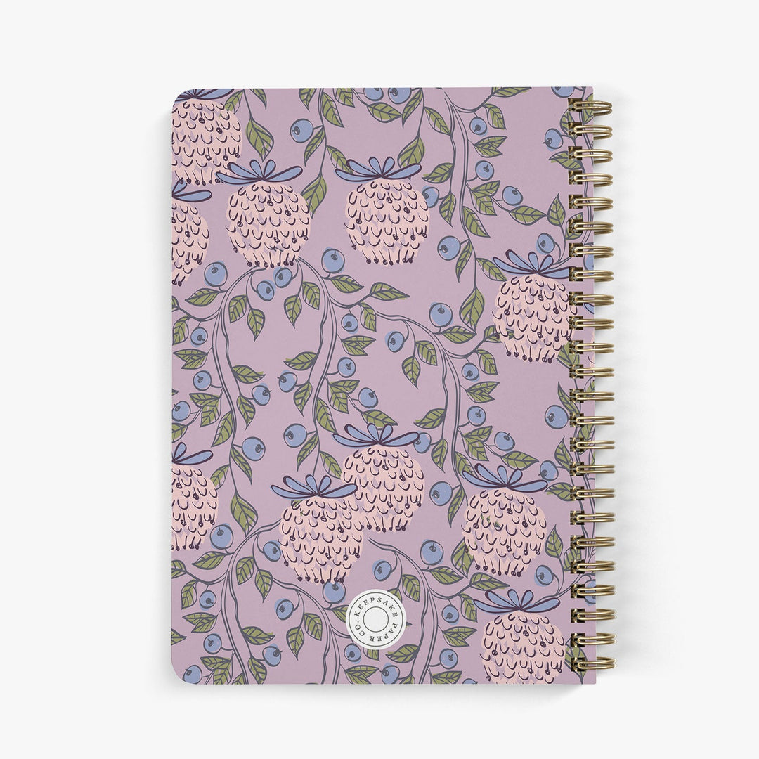 Back view of personalized address notebook with blueberry garden design on a white background