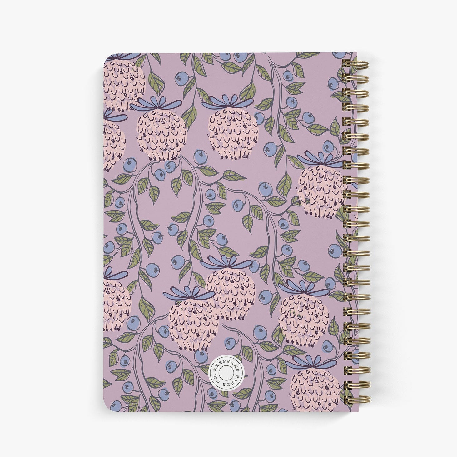 Back view of personalized address notebook with blueberry garden design on a white background