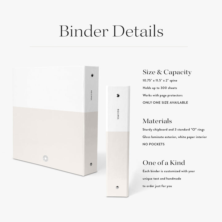 Personalized recipe binder in a modern colorblock design on a white background with specifications