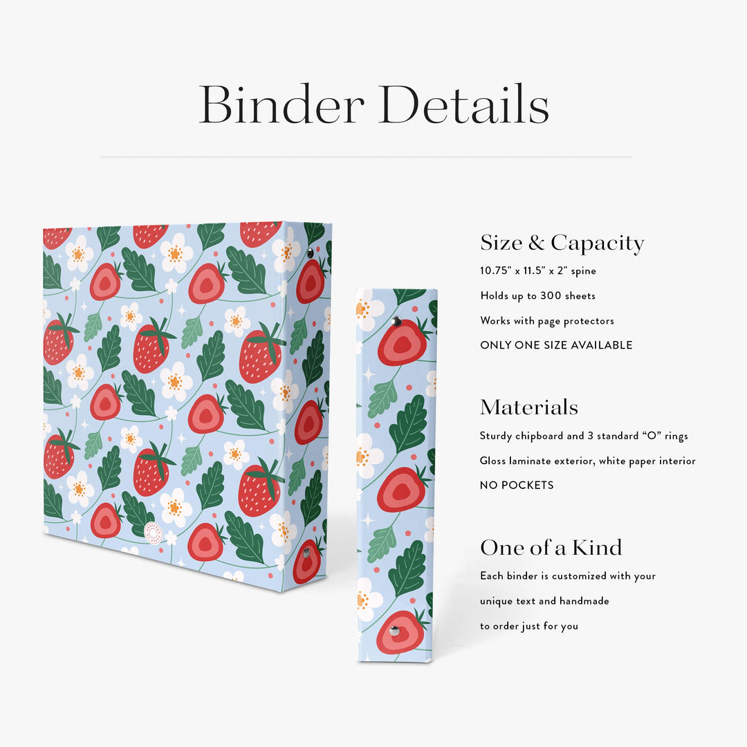 Personalized cookbook with strawberry pattern and detailed product information on a white background